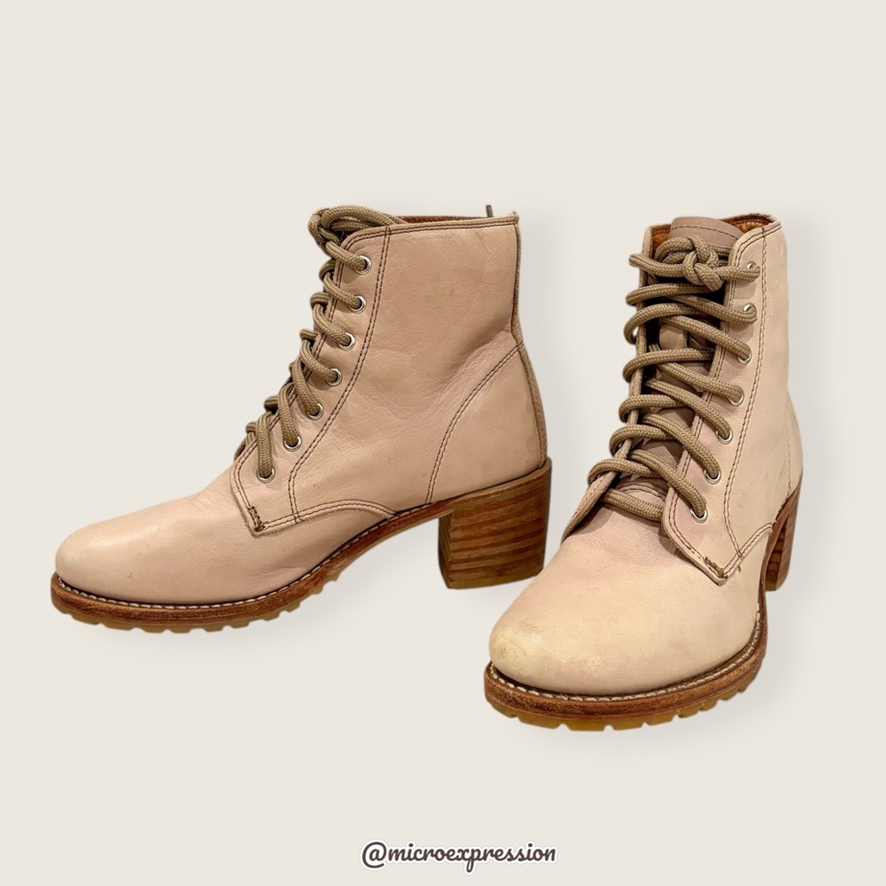 $399 Frye Sabrina 6G Lilac Pink/Cream Leather Lace Up Block Heeled Ankle Booties - Picture 15 of 16